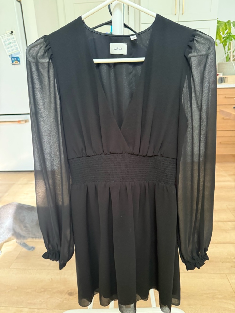 Aritzia Wilfred Black V-Neck Long-Sleeve Mini Dress with Sheer Sleeves
